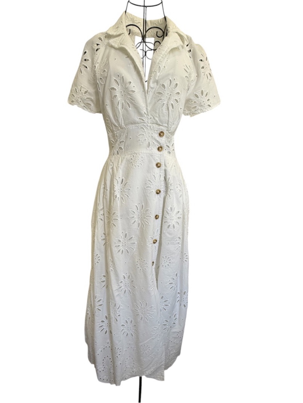 Maeve Anthropologie Eyelet Wrap Midi Dress XS White Cotton Resort Vacation - Picture 3 of 16